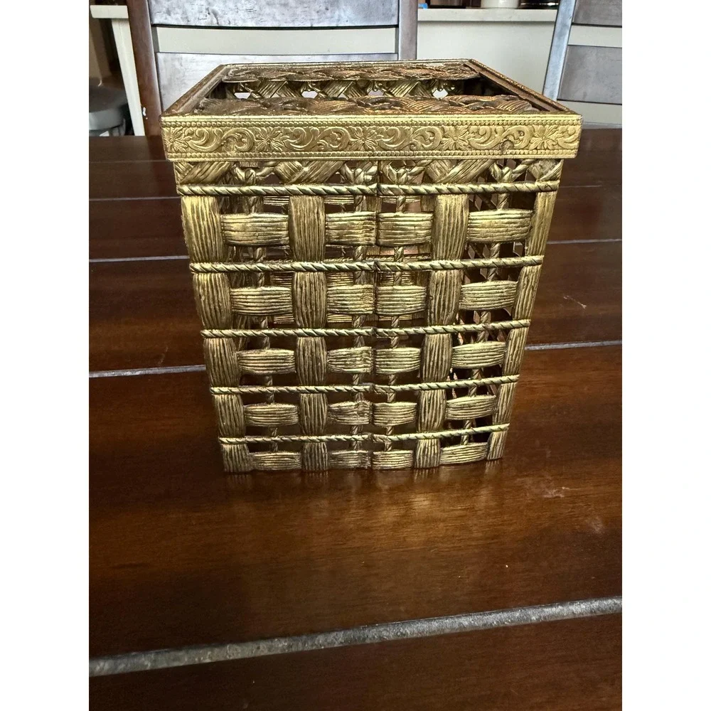Hollywood Regency Vintage Square Tissue Box Cover Brass Metal Basket Weave